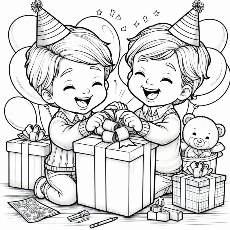 Desenho de dois meninos celebrando aniversário com presentes e balões para colorir