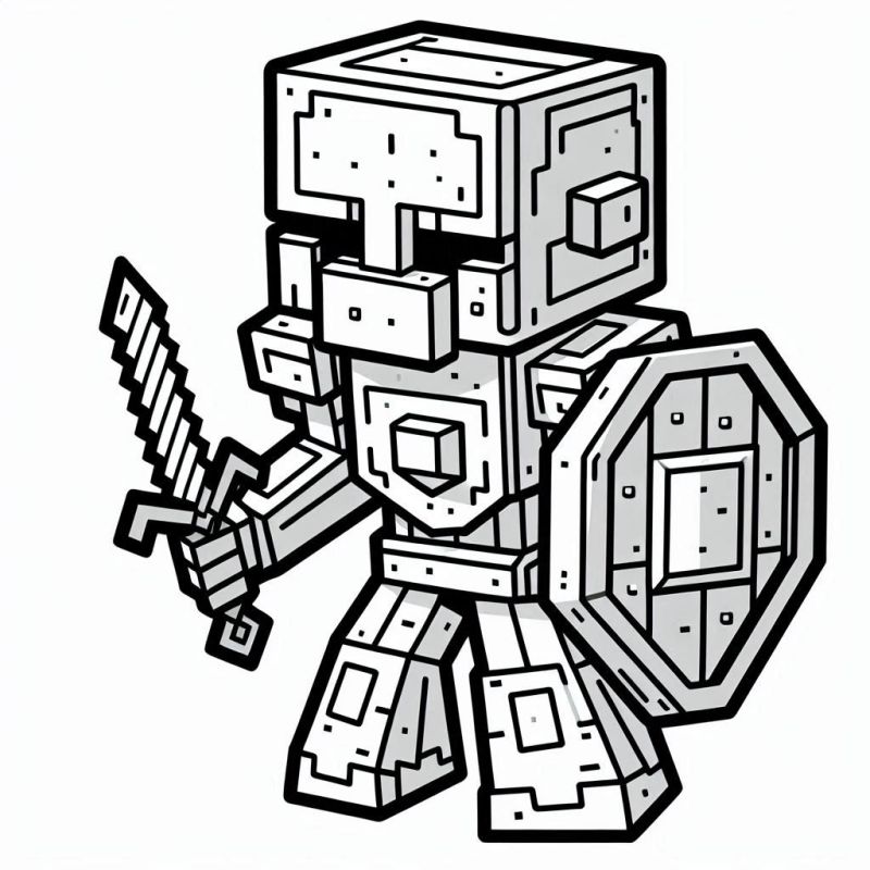 Desenho de Personagem Minecraft com Armadura e Espada para Colorir