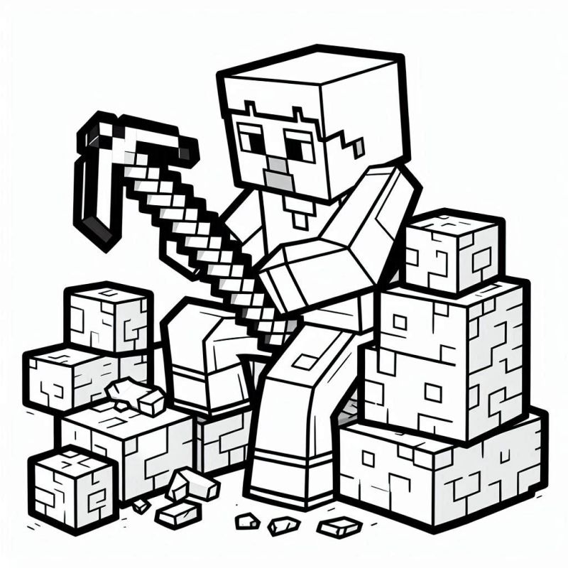 Desenho de personagem Minecraft segurando uma picareta para colorir