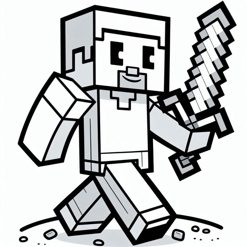 Desenho do Steve com Espada do Minecraft para Colorir