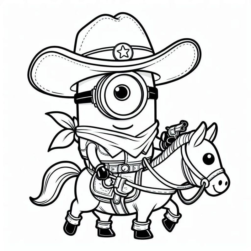 Desenho de Minion Vaqueiro no Cavalo para Colorir