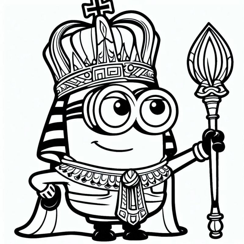 Desenho de Minion Faraônico com Coroa e Cetro para Colorir