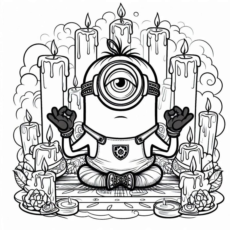 Colorir Minion Meditativo com Velas e Flores