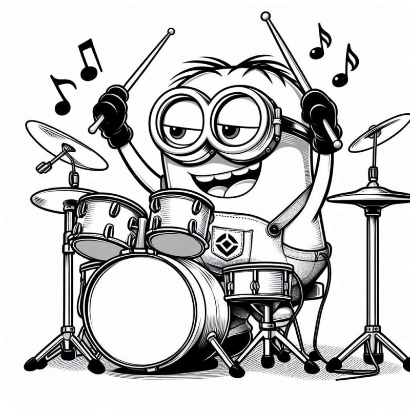 Minion Animado Tocando Bateria: Um Desenho para Colorir