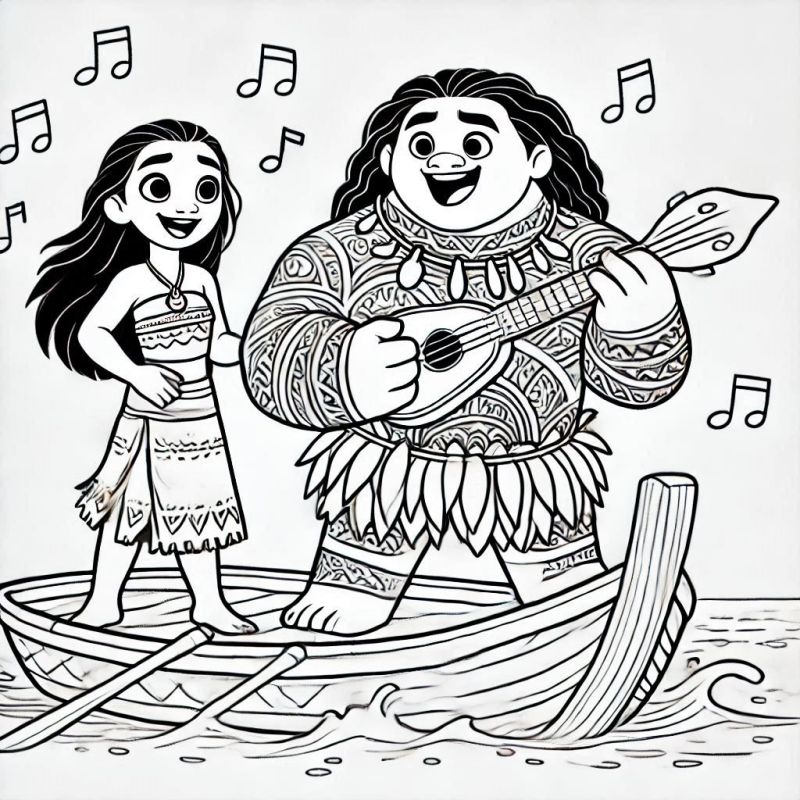 Colorir Moana e Maui no Barco: Aventura e Alegria