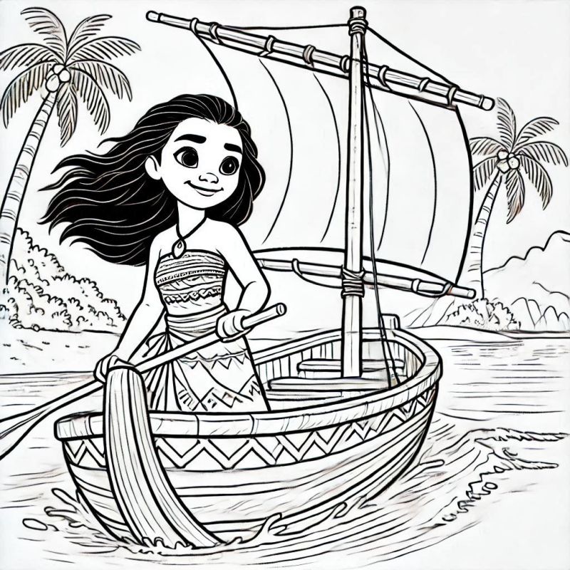 Colorindo Moana em Sua Canoa Tradicional