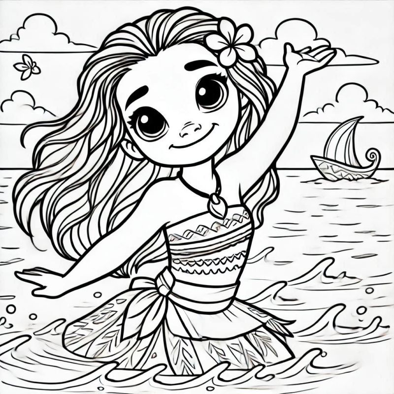 Desenho da Jovem Moana no Mar para Colorir