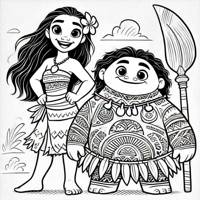 Desenho de Moana e Maui Pronto para Colorir