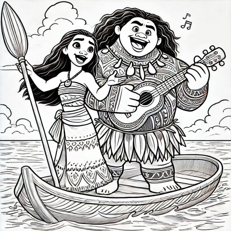 Colorir Maui e Moana Navegando no Oceano