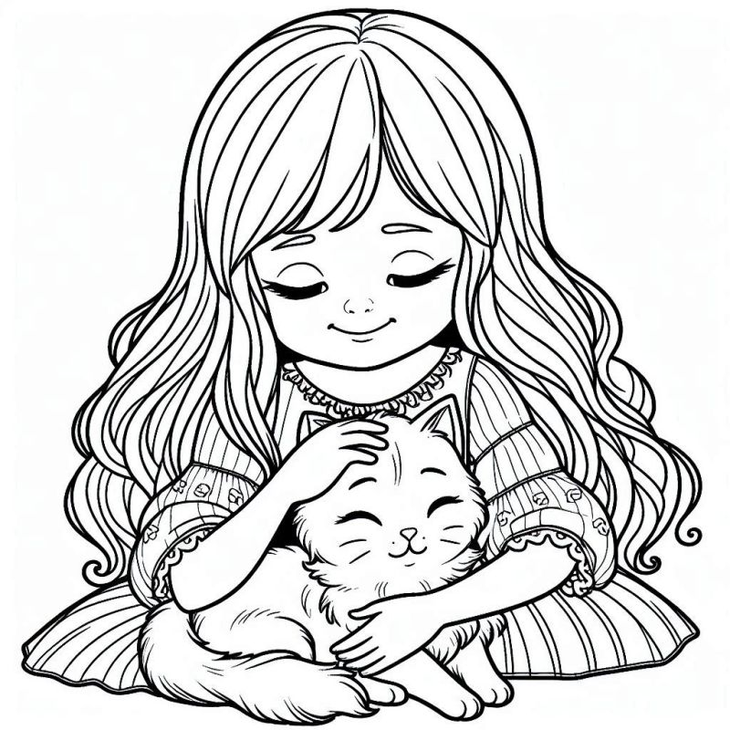 Desenho de menina sorridente acariciando um gatinho em seu colo para colorir