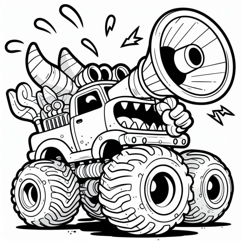 Divertido desenho de Monster Truck caricatural com rodas gigantes e detalhes estilizados para colorir