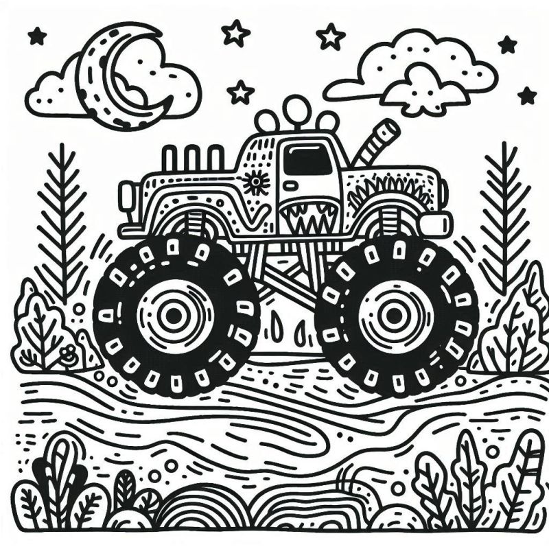 Imagem de um Monster Truck detalhado para colorir, ideal para crianças e adultos