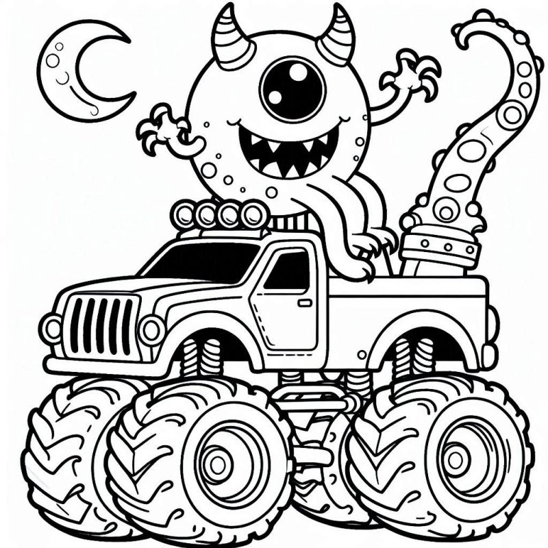 Desenho de monster truck com um monstro em cima para colorir