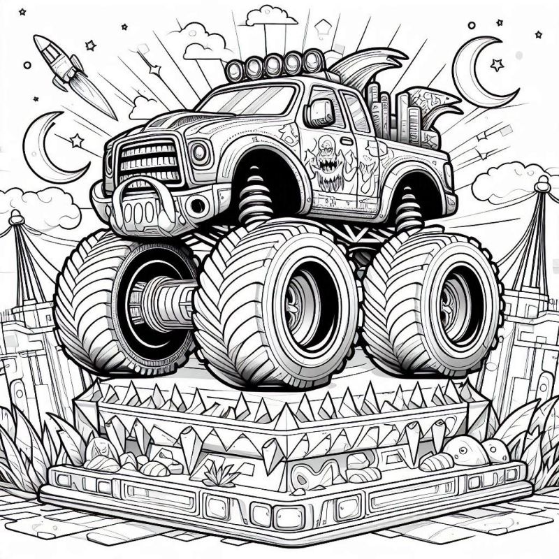 Desenho detalhado de Monster Truck para colorir com cenário de fantasia