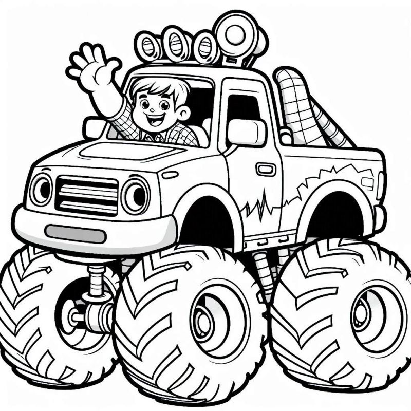 Desenho de Monster Truck com Garoto Sorridente para Colorir