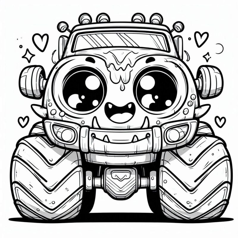 Desenho de um Monster Truck antropomórfico com grandes olhos e sorriso amigável para colorir.