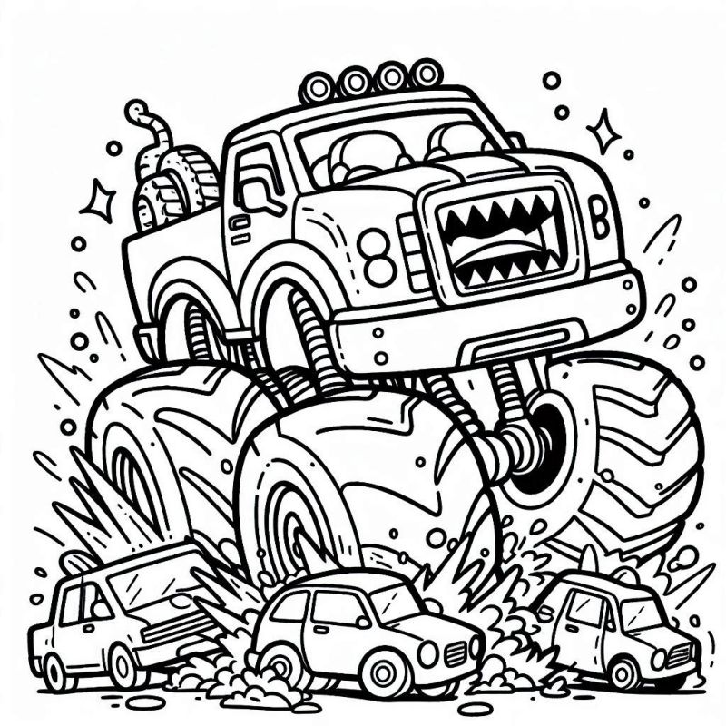 Desenho de Monster Truck Esmagando Carros para Colorir