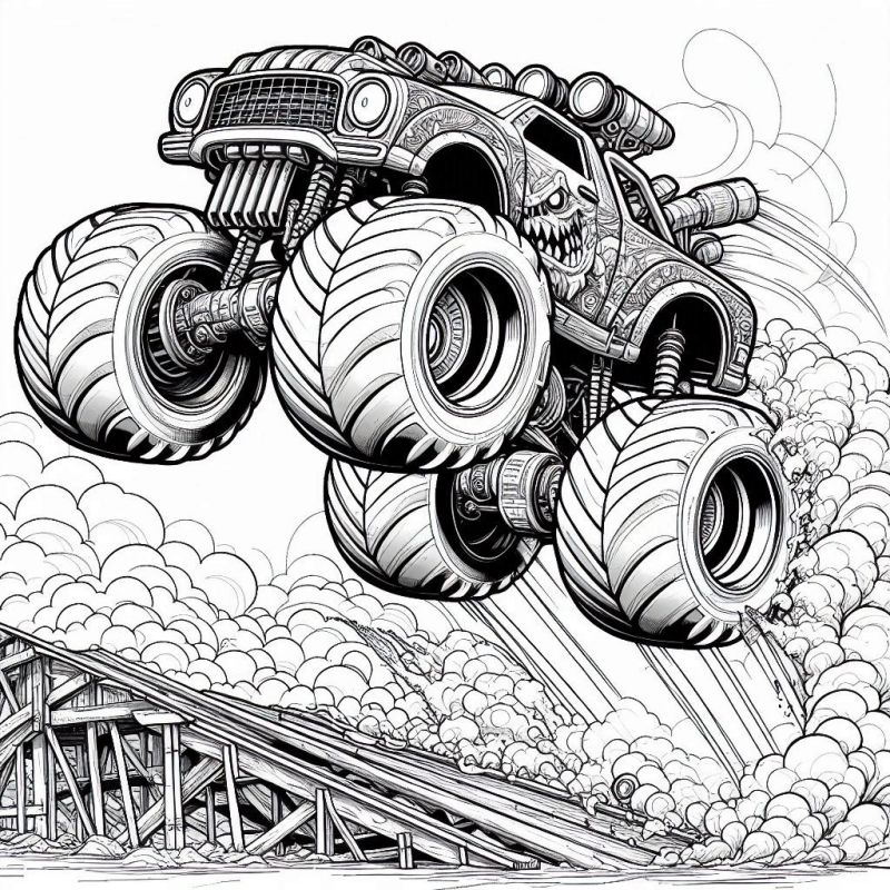 Desenho Detalhado de Monster Truck em Ação para Colorir