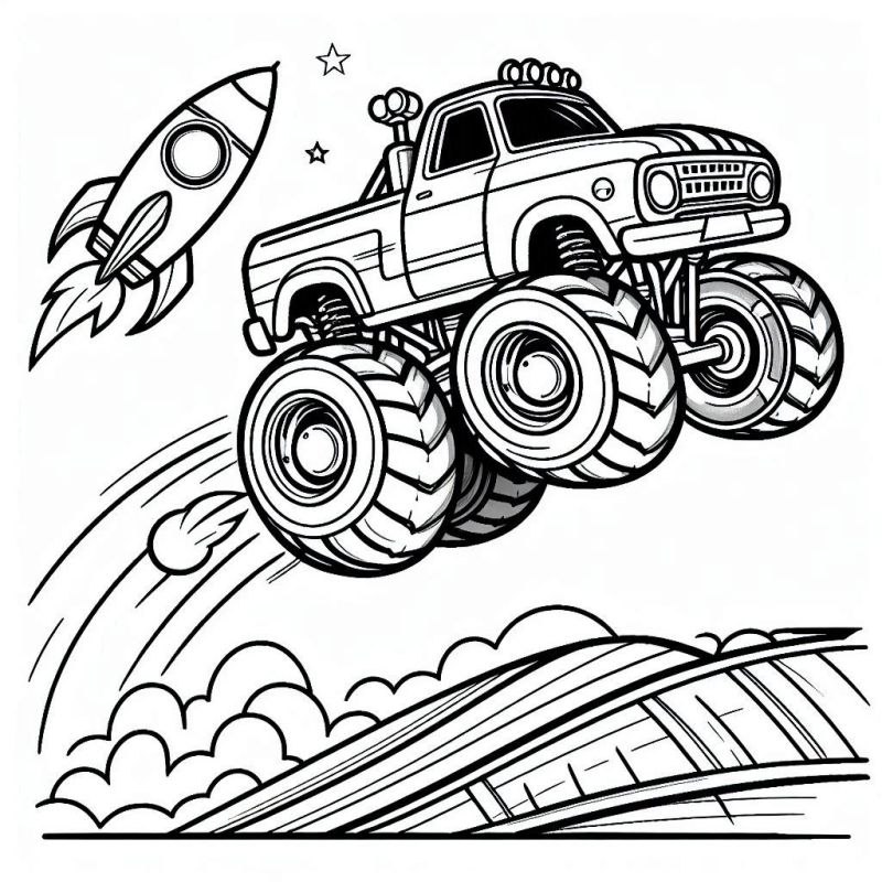 Desenho de monster truck em ação espacial para colorir