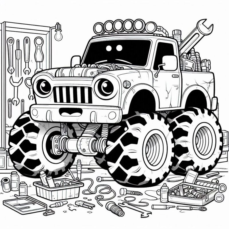 Desenho de Monster Truck Estilizado para Colorir em Oficina Mecânica