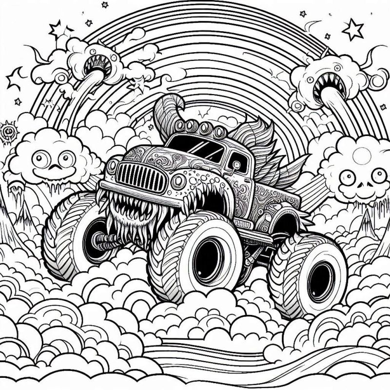 Desenho de um monster truck com um design monstruoso em um cenário fantástico