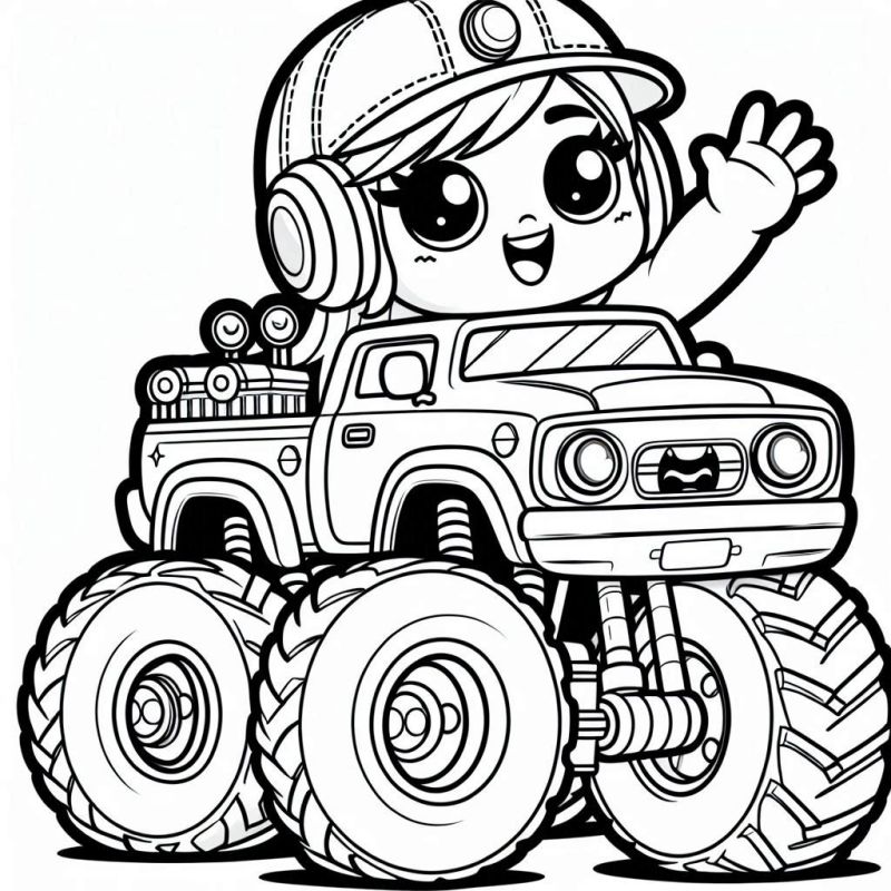 Desenho de Monster Truck com Personagem Divertido para Colorir