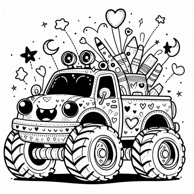 Desenho de Monster Truck cartunesco para colorir com detalhes adoráveis