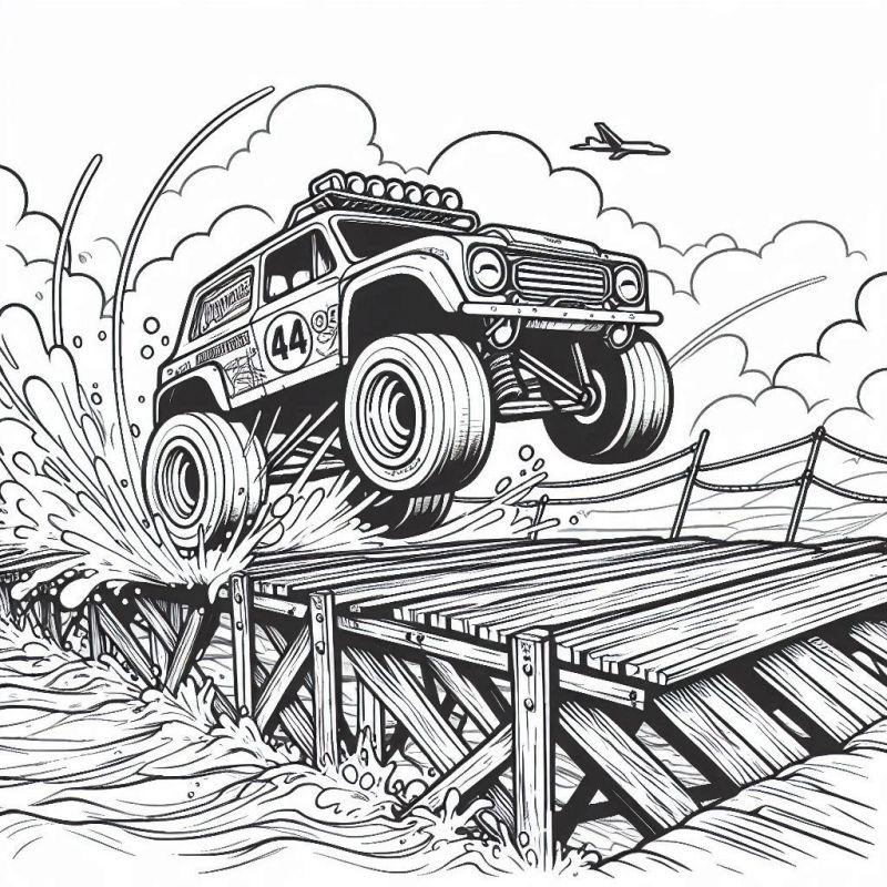 Desenho de Monster Truck Pulando Ponte para Colorir