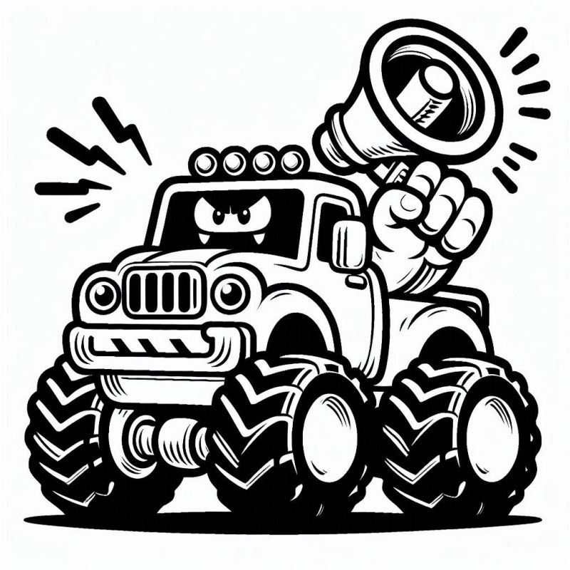 Desenho de Monster Truck com expressão caricata e enérgica para colorir