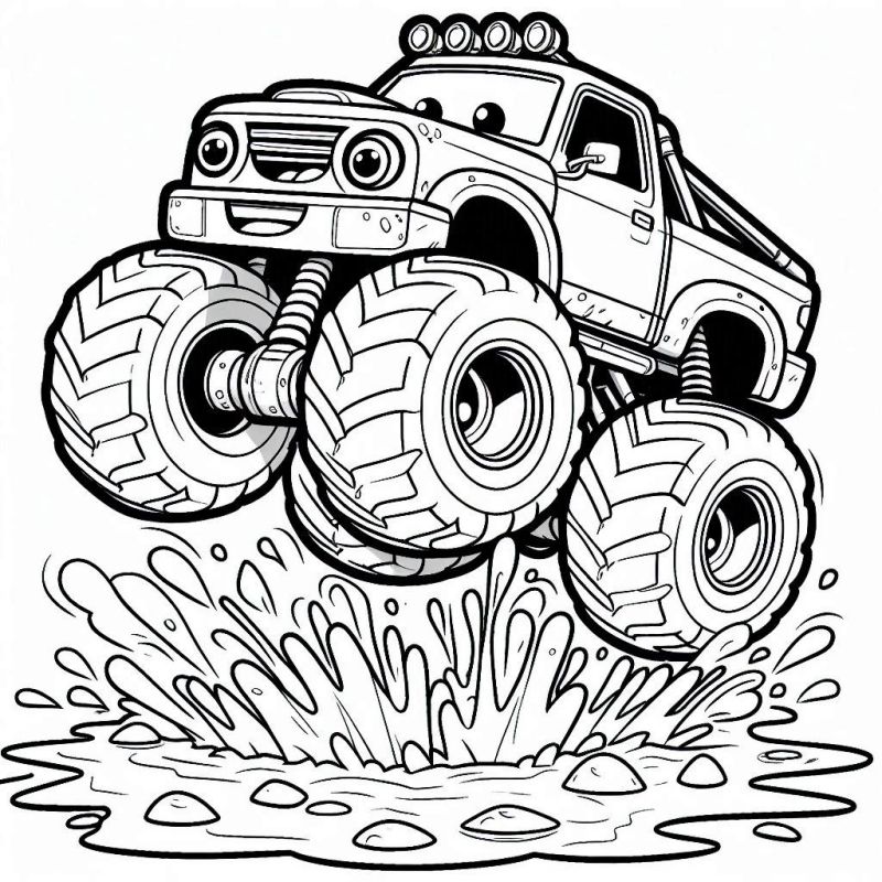 Desenho de monster truck com rosto amigável e detalhes animados para colorir