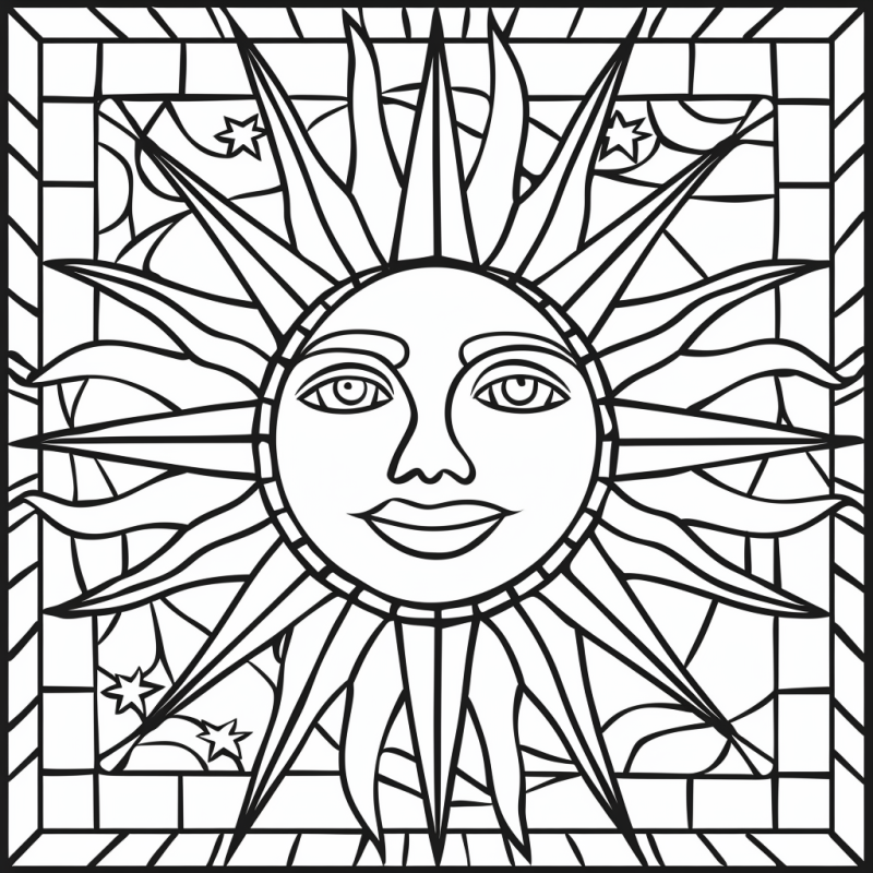 Desenho de mosaico de sol em estilo vitral para colorir