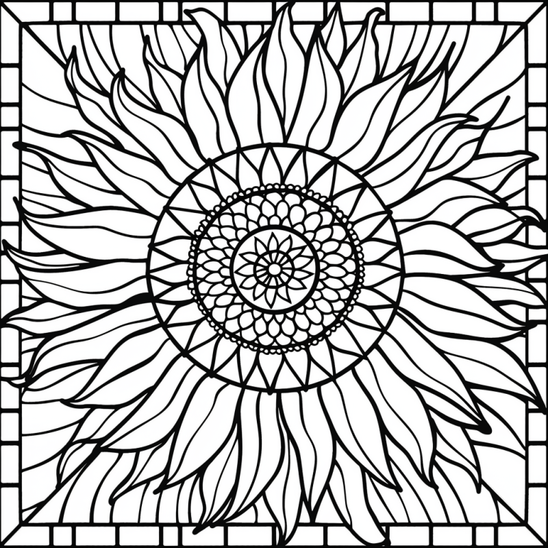 Mosaico floral em estilo vitrais com design detalhado para colorir