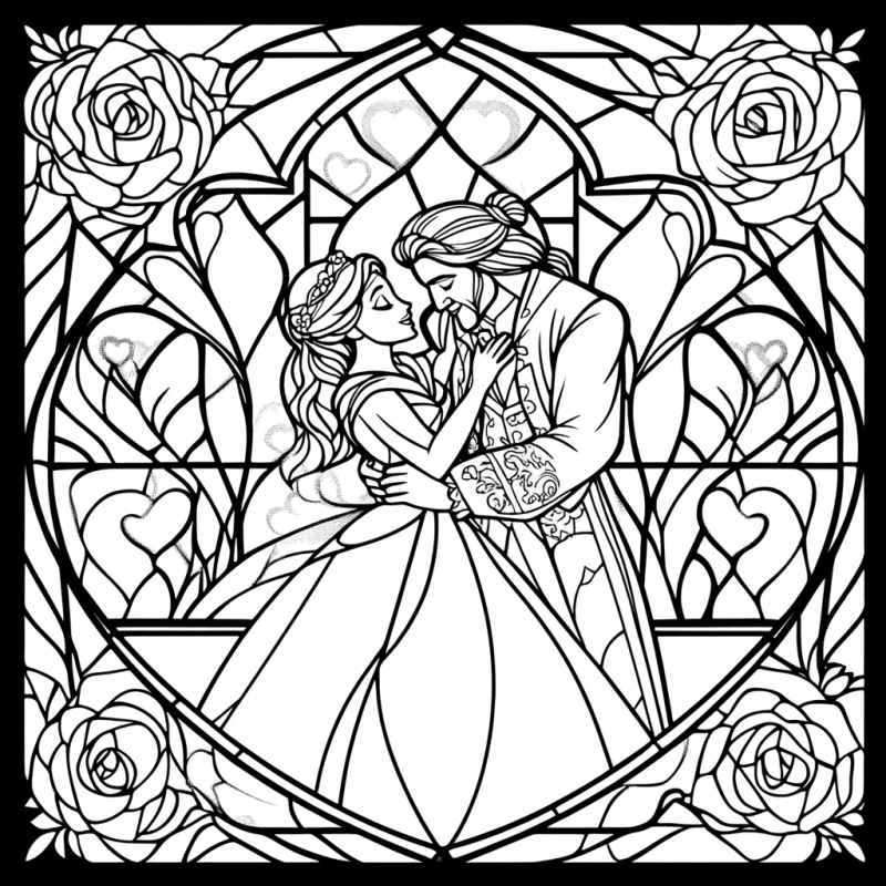 Desenho de Casal Romântico em Vitral com Flores e Corações para Colorir