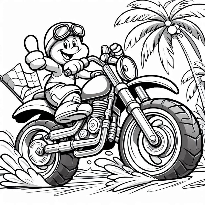 Desenho de Personagem Feliz Andando de Motocicleta para Colorir