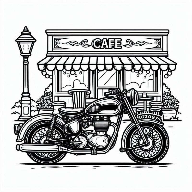 Desenho de Moto Clássica em Frente ao Café para Colorir