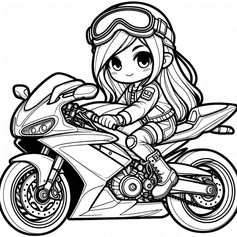 Desenho detalhado de motocicleta com personagem chibi para colorir