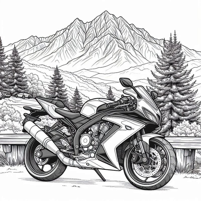 Desenho de motocicleta esportiva em cenário natural para colorir