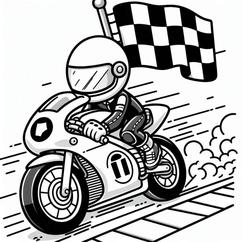 Desenho em preto e branco de moto de corrida com piloto para colorir