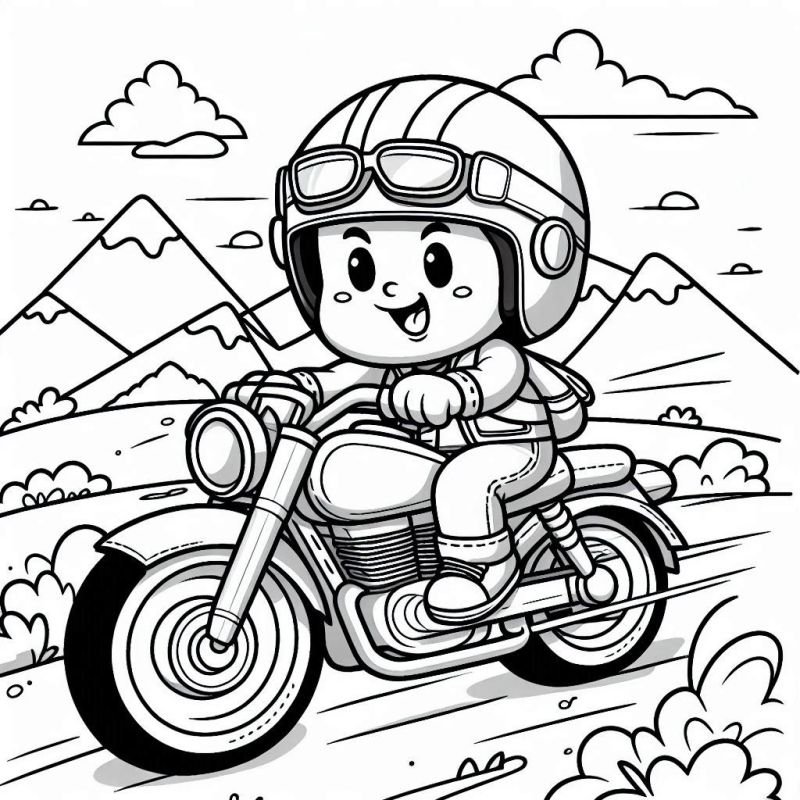 Desenho para colorir de uma criança feliz pilotando uma moto