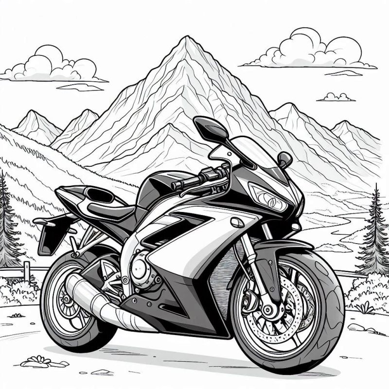 Desenho de Motocicleta Esportiva em Cenário de Montanhas