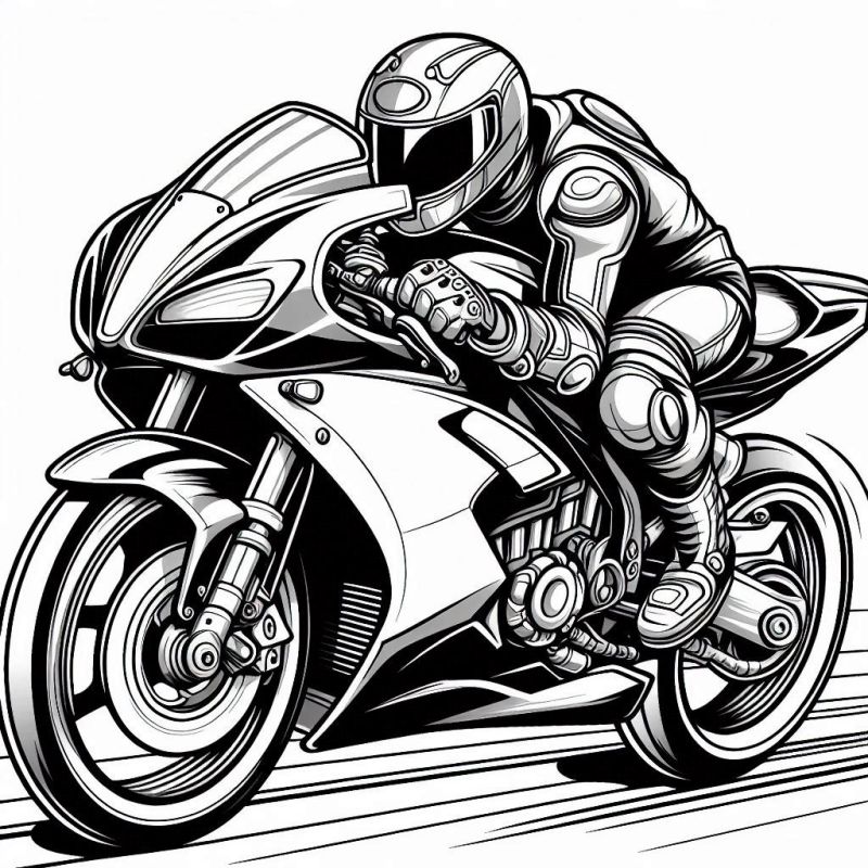 Desenho Detalhado de Moto Esportiva com Motociclista para Colorir