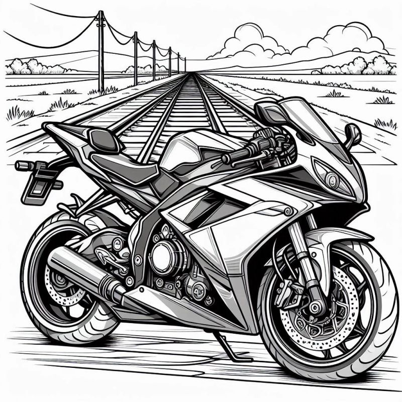 Desenho de moto esportiva detalhada em preto e branco para colorir