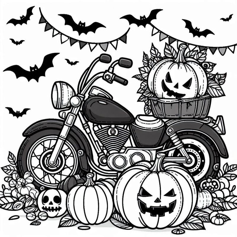 Desenho de moto detalhada com decoração de Halloween, abóboras e morcegos para colorir