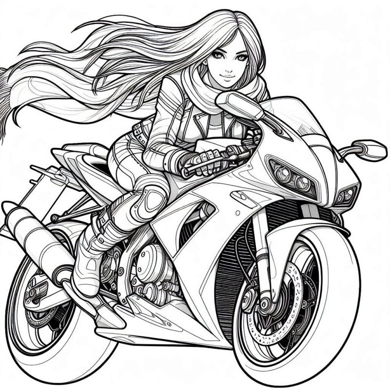 Desenho de Personagem Feminina Pilotando Moto Esportiva para Colorir