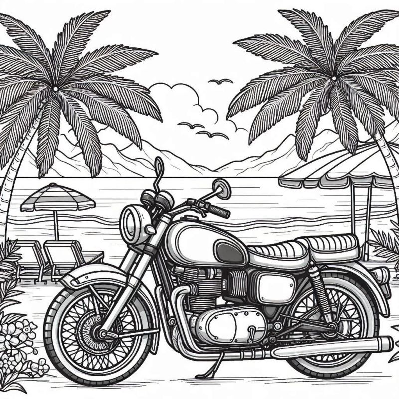 Desenho de Moto Clássica na Praia Tropical para Colorir