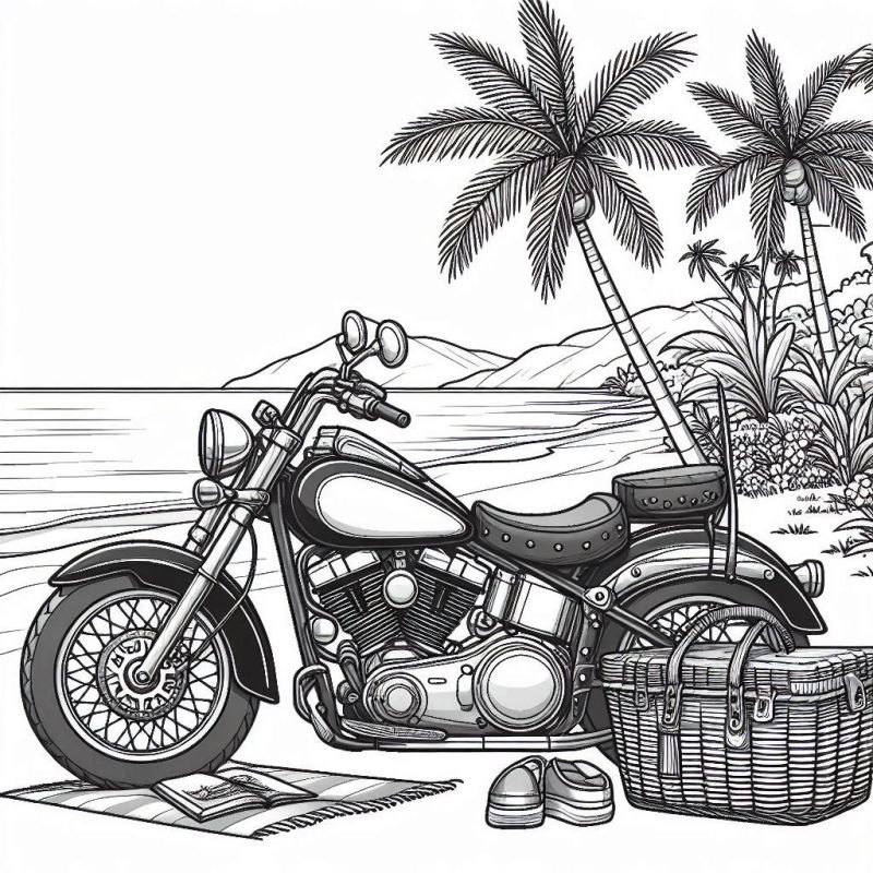 Desenho para colorir de uma moto clássica estacionada na areia da praia