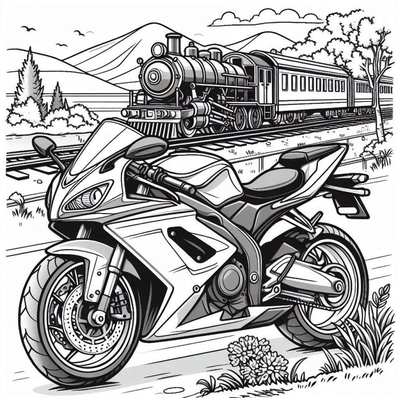 Desenho Detalhado de Moto com Trem a Vapor em Cenário Rural