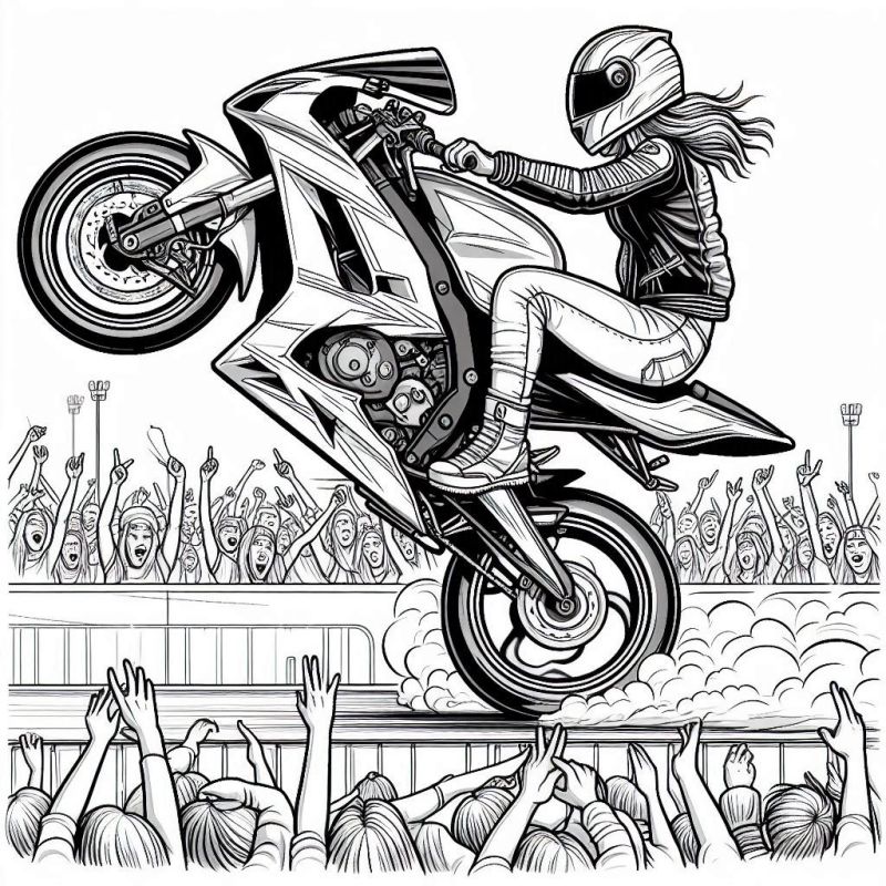 Desenho de Motoqueira Realizando Acrobacia Wheelie para Colorir