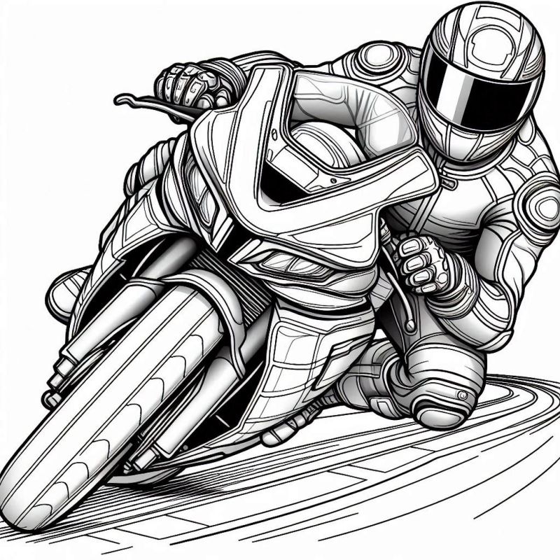 Desenho Detalhado de Motocicleta de Corrida com Piloto para Colorir