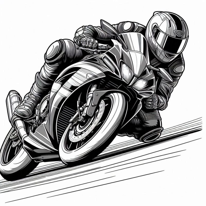 Desenho detalhado de motocicleta esportiva em alta velocidade para colorir